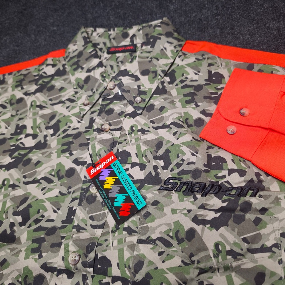 Snap-on Tools Mens Camo Orange Work Shirt Large Wrench Camouflage NWT
